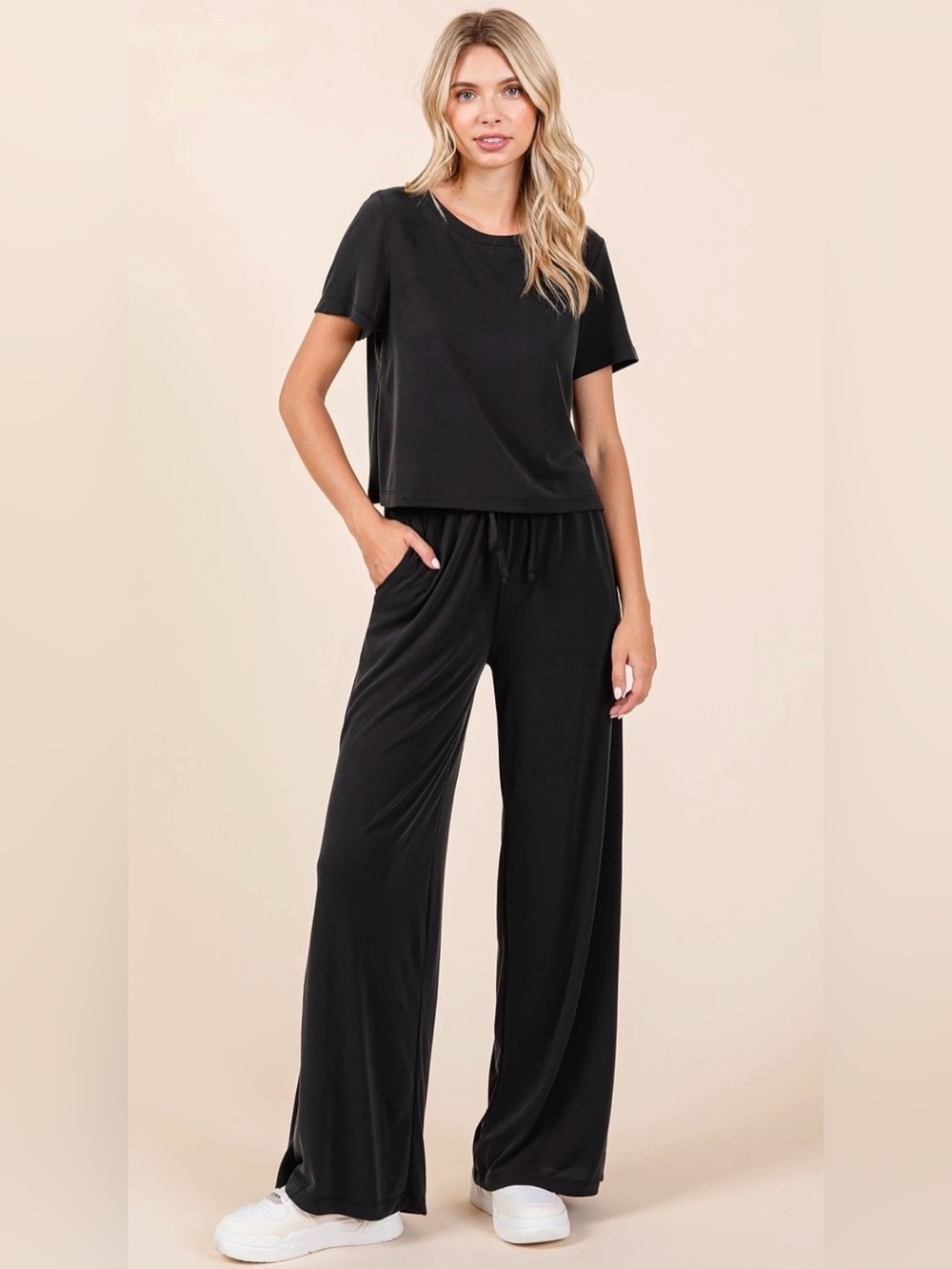 2pc Modal Black Wide-Leg Lounge Set